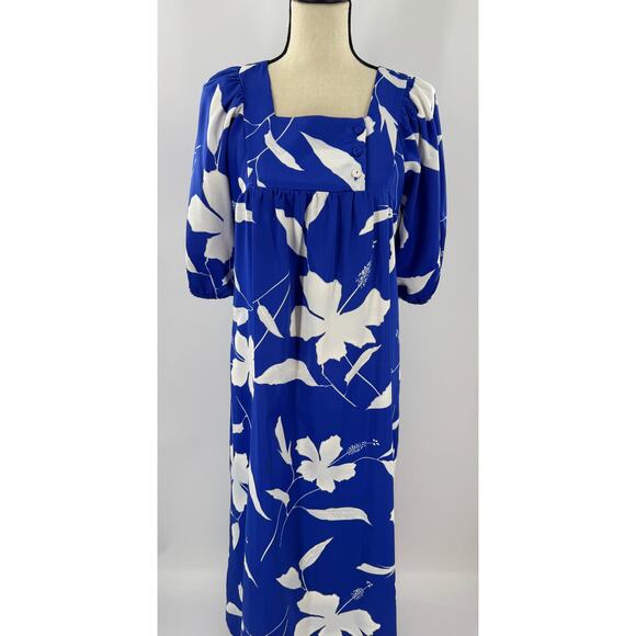 1970s Hilo Hattie Vintage Hawaiian Dress Blue White Muumuu Long Maxi S M - Picture 6 of 11